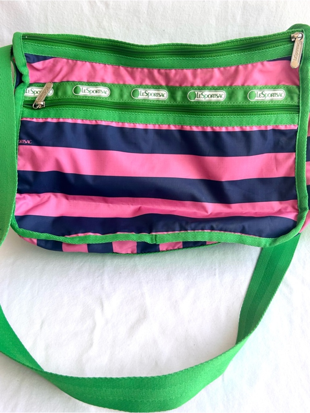 LeSportsac Green Crossbody with Pink and Navy Stripes - Picture 4 of 12